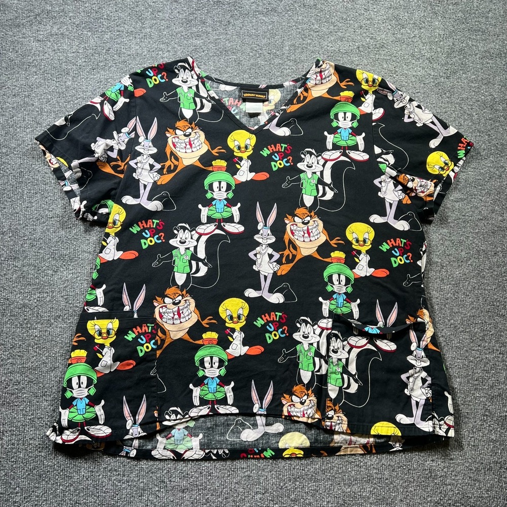 Looney Tunes Scrub Top Womens 2XL Black Cartoon Character Print Medical Uniform